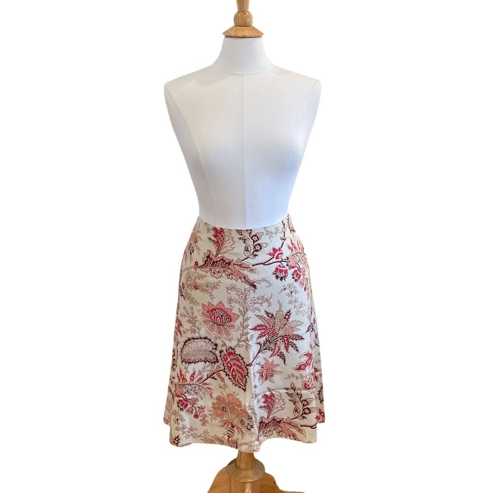 LOFT Cream Red Floral Silk Cotton Blend Pencil Skirt, Straight Skirt 14P